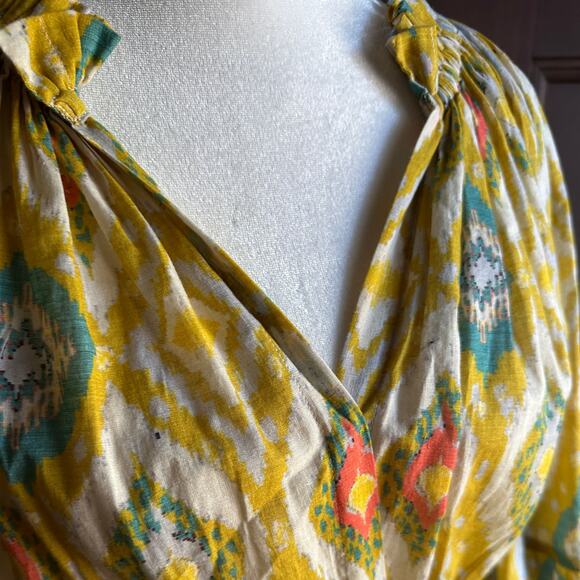 CHARINA SARTE | Yellow Ikat Printed Cotton Mini Dress Puff Sleeve | Size Medium - Picture 3 of 9